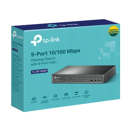 TP-Link (TL-SF1009P) 9-Port Desktop Switch with 8-ports PoE - Steel housing - Grey