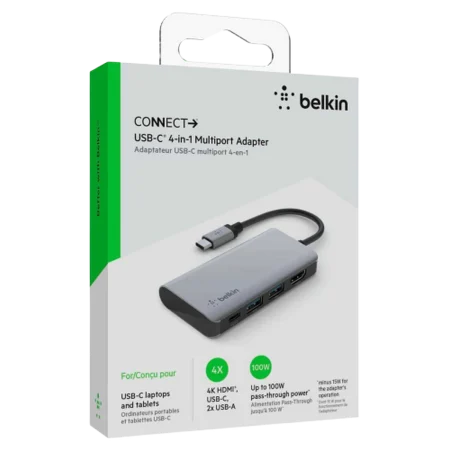 Belkin (AVC006BTSGY) 4in1 USB-C Multiport Adapter - Up to 100W Passthrough Power - Grey