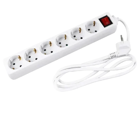 Invo (INV-W06S) German Power Strip, 6x Schuko Outlets, 1.8m Cable, On/Off Switch - White