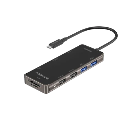 Promate (PrimeHub-Go) 9-in-1 USB-C Compact Multiport Expansion Hub with 100W PD+HDMI+SD+LAN - Black