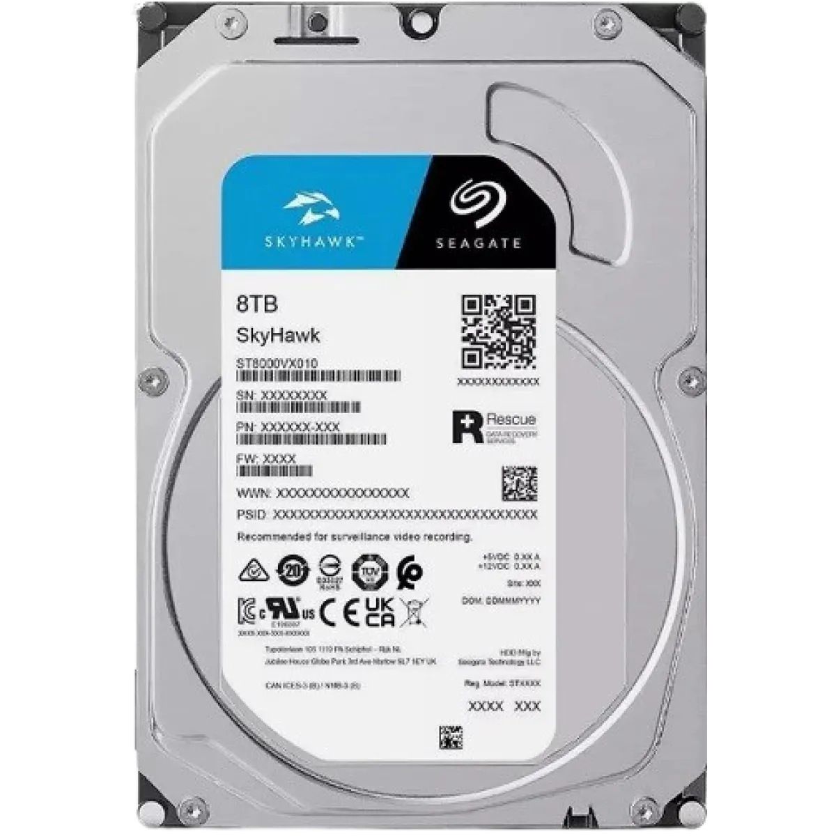 Seagate (ST8000VX010) Skyhawk 8Tb 3.5" Surveillance Optimized HDD SATAIII 256MbC- 3Yrs - Silver