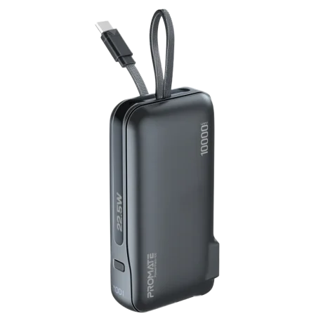 Promate (Powerpack-10C) 10000mAh Compact Power Bank with Built-In USB-C Cable - Black