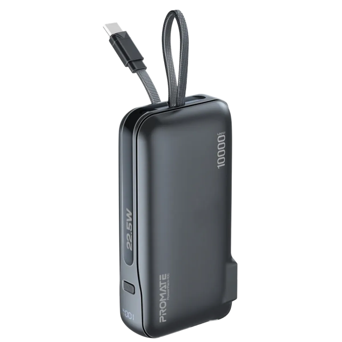Promate (Powerpack-10C) 10000mAh Compact Power Bank with Built-In USB-C Cable - Black