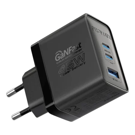 Promate (PowerPort-45 Black) 45W Power Delivery GaNFast Charger with Quick Charge 3.0 - 2Yrs - Black