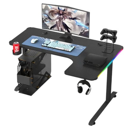 CEM (L-L) Gaming Desk Table L-Shaped, RGB, Cup/Headset Holder, Carbon Fiber - Black