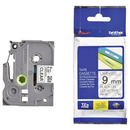 Brother (TZe-121) P-touch 9mm Labelling Tape Cassette 8m - Black on Clear