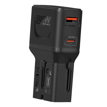 Promate (TriPlug-PD35) Universal Travel Adapter Wall Charger-Quick Charge-USB-A /USB-C - Black
