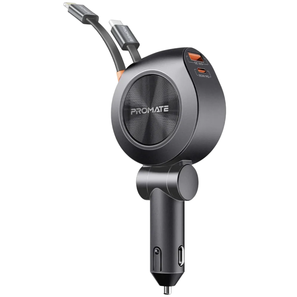 Promate (DriveGear-R2) 4in1 RapidCharge Car Charger 88W Retractable USB-C/Lightning- 2Yrs- Black